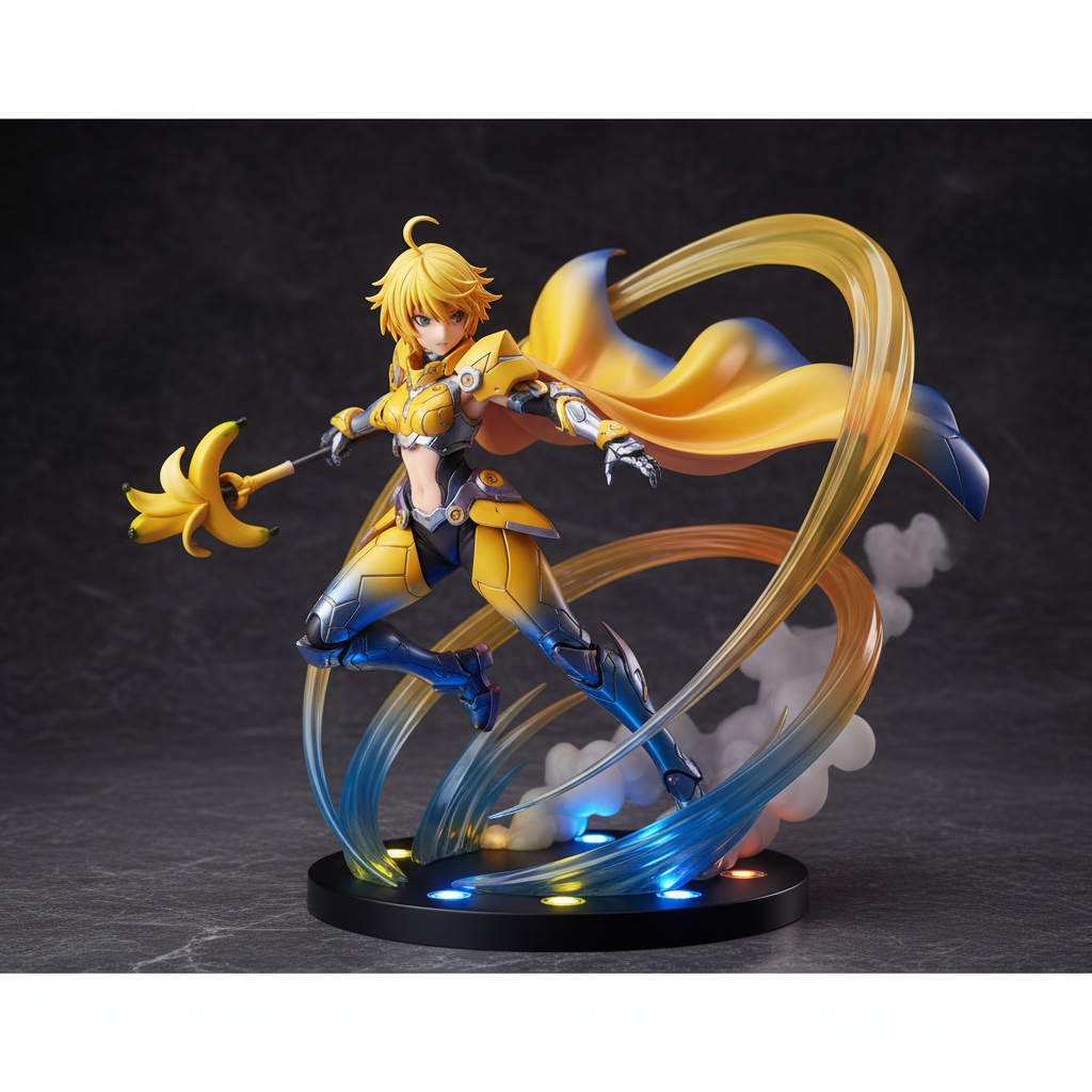 A dynamic anime-style figurine of a female warrior with short blonde hair, wearing yellow and blue futuristic armor. She lunges forward against a dark background, brandishing a scepter topped with a bunch of peeled bananas. A flowing yellow and blue cape and translucent energy trails swirl around her, rising from a circular black display base with integrated colored lights.